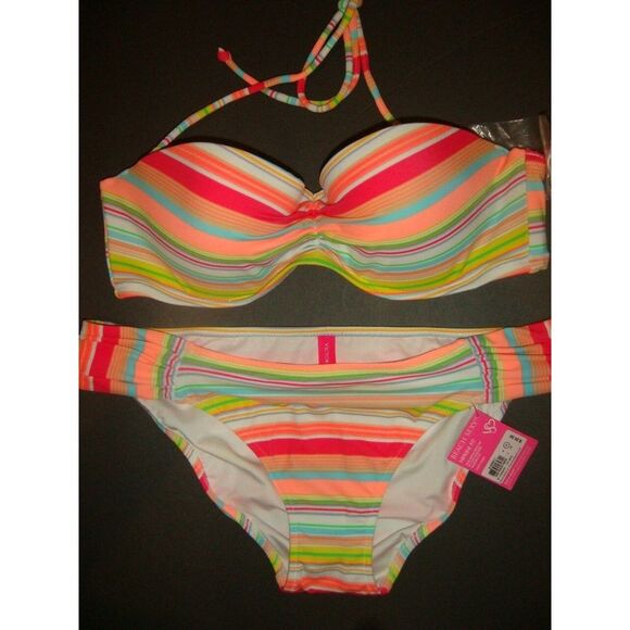 NWT Victoria's Secret 36B bandeau BIKINI M pink yellow blue orange white striped